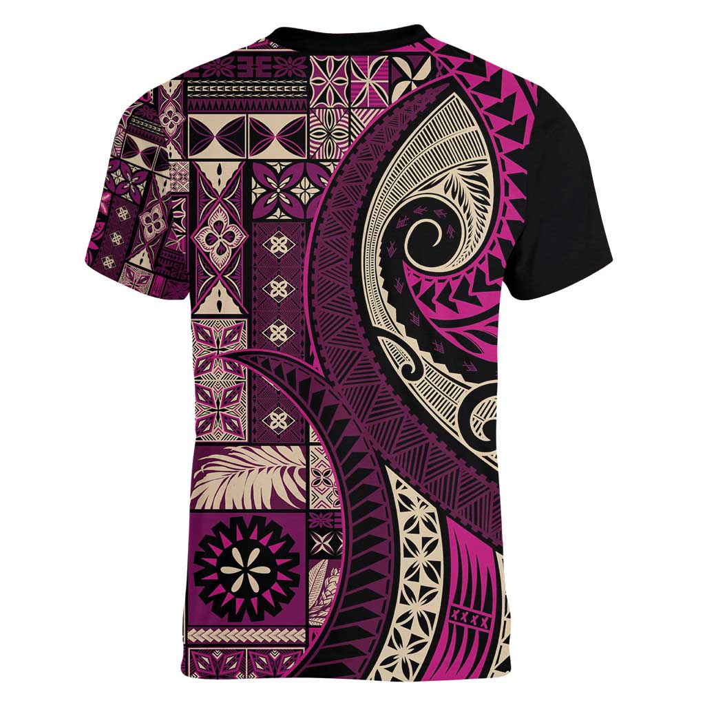 Vintage Samoa Siapo Mamanu Women V-Neck T-Shirt Pink Samoan Tapa Motif - Polynesian Pride
