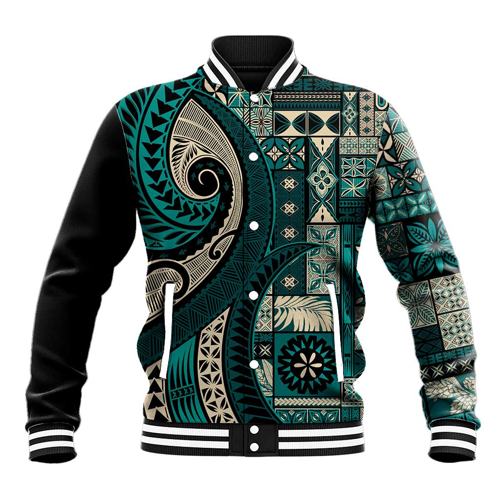 Vintage Samoa Siapo Mamanu Baseball Jacket Teal Samoan Tapa Motif LT9 Unisex Teal - Polynesian Pride