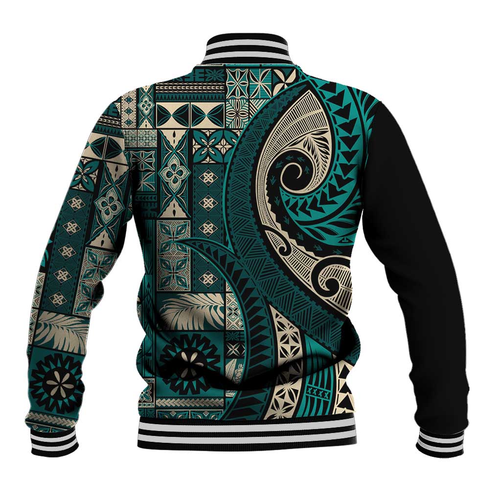 Vintage Samoa Siapo Mamanu Baseball Jacket Teal Samoan Tapa Motif LT9 - Polynesian Pride