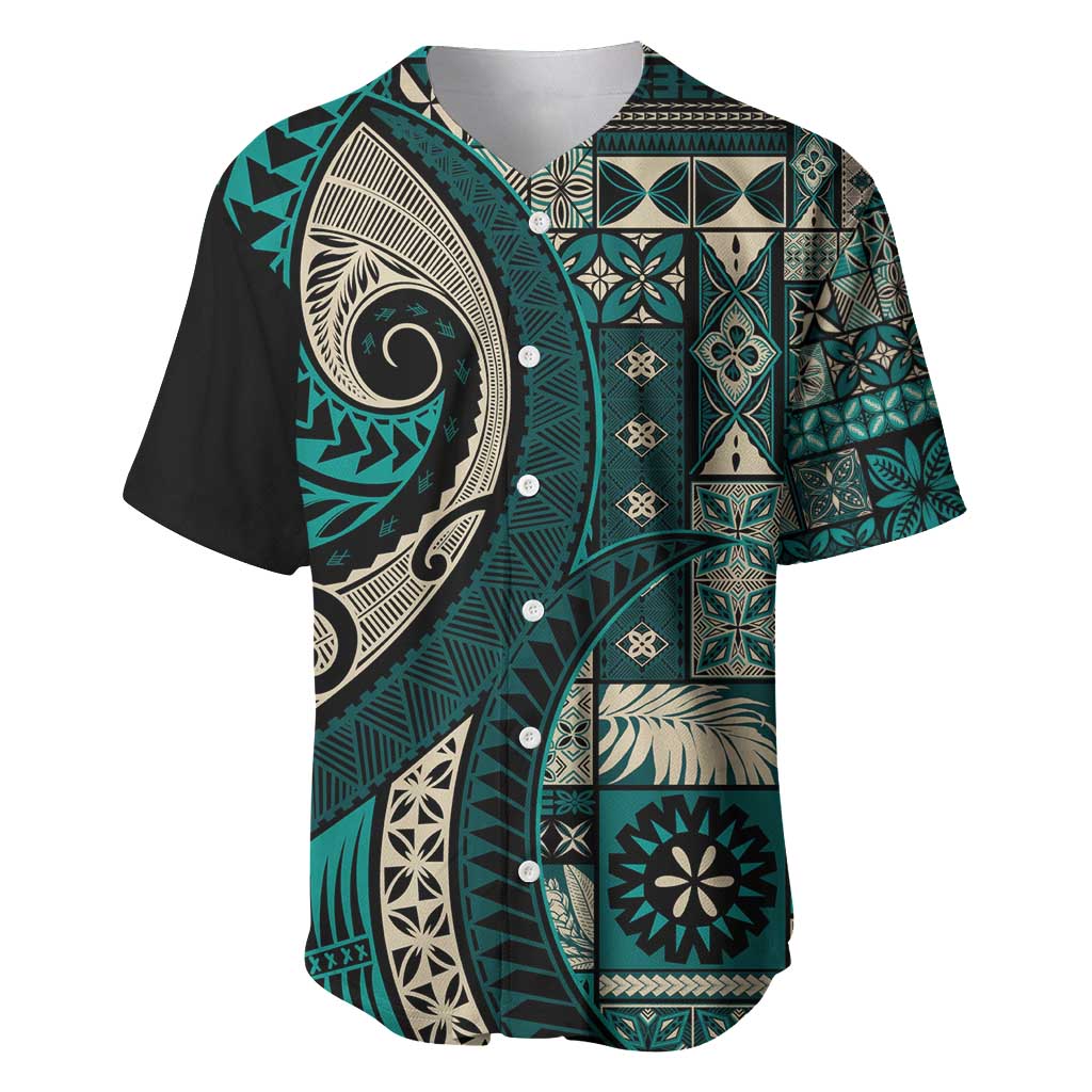 Vintage Samoa Siapo Mamanu Baseball Jersey Teal Samoan Tapa Motif - Polynesian Pride