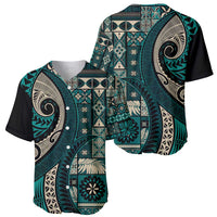 Vintage Samoa Siapo Mamanu Baseball Jersey Teal Samoan Tapa Motif - Polynesian Pride