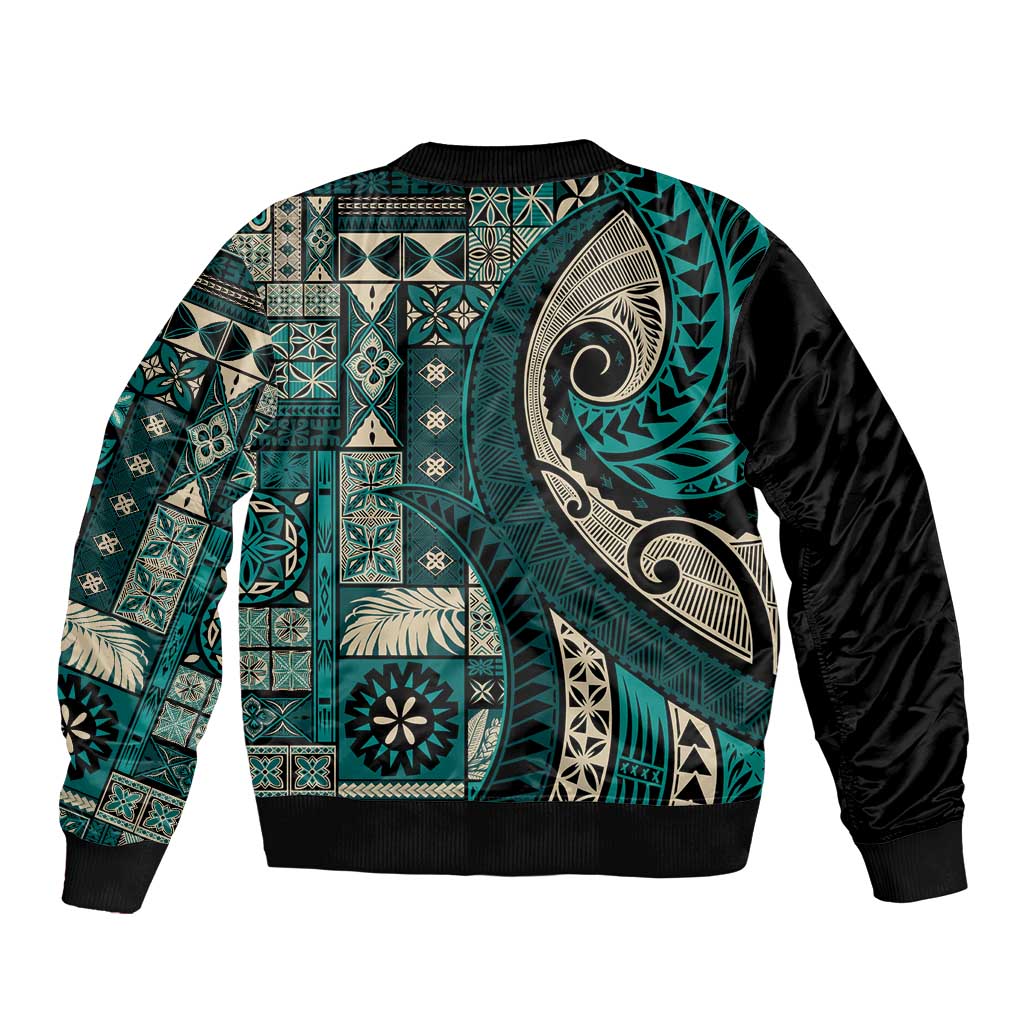 Vintage Samoa Siapo Mamanu Bomber Jacket Teal Samoan Tapa Motif - Polynesian Pride