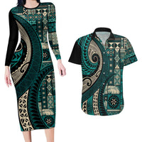 Vintage Samoa Siapo Mamanu Couples Matching Long Sleeve Bodycon Dress and Hawaiian Shirt Teal Samoan Tapa Motif - Polynesian Pride