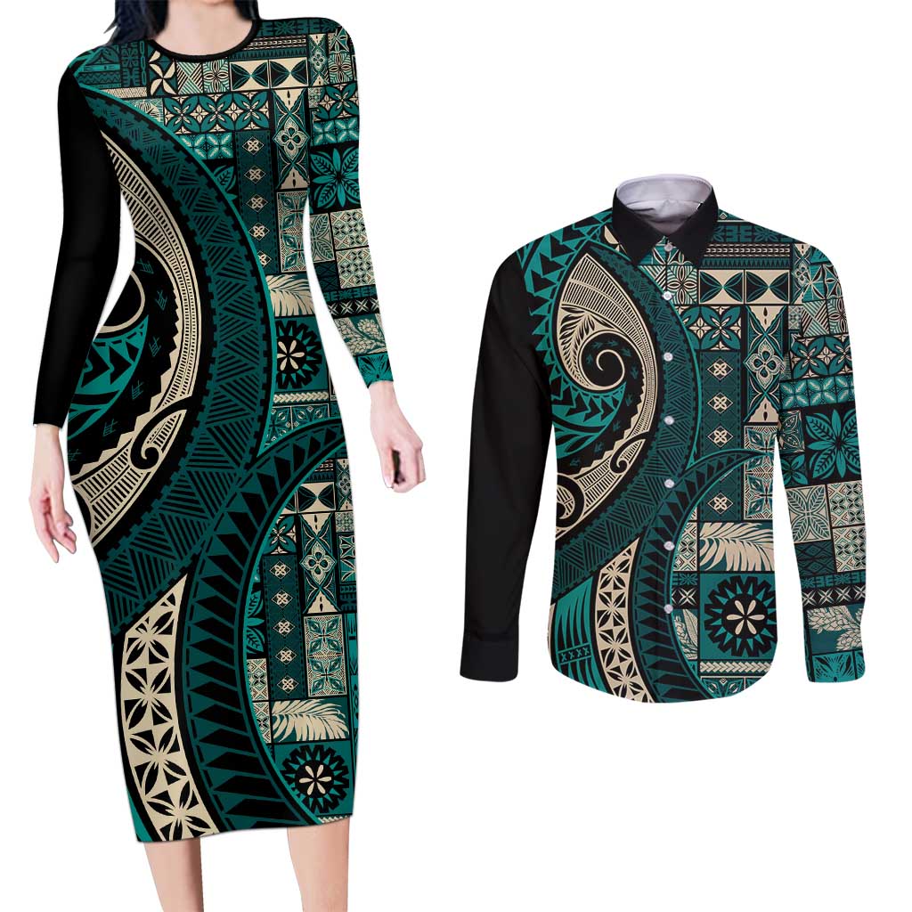 Vintage Samoa Siapo Mamanu Couples Matching Long Sleeve Bodycon Dress and Long Sleeve Button Shirt Teal Samoan Tapa Motif LT9 Teal - Polynesian Pride