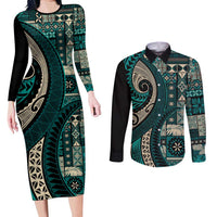 Vintage Samoa Siapo Mamanu Couples Matching Long Sleeve Bodycon Dress and Long Sleeve Button Shirt Teal Samoan Tapa Motif - Polynesian Pride