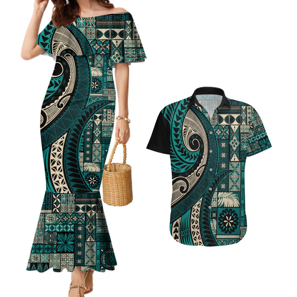Vintage Samoa Siapo Mamanu Couples Matching Mermaid Dress and Hawaiian Shirt Teal Samoan Tapa Motif LT9 Teal - Polynesian Pride