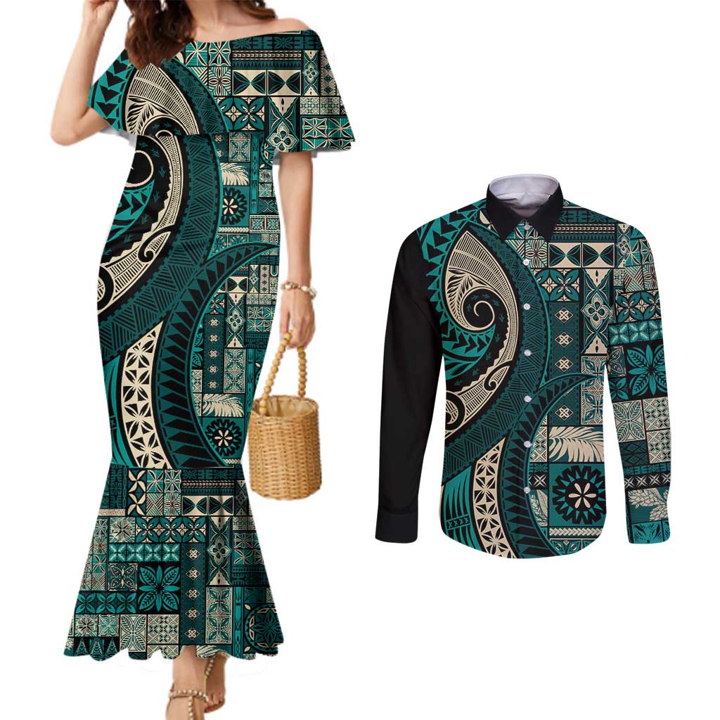 Vintage Samoa Siapo Mamanu Couples Matching Mermaid Dress and Long Sleeve Button Shirt Teal Samoan Tapa Motif LT9 Teal - Polynesian Pride