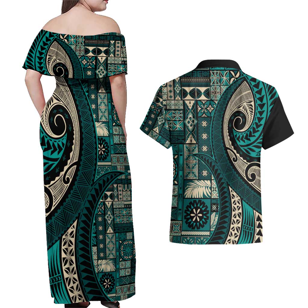 Vintage Samoa Siapo Mamanu Couples Matching Off Shoulder Maxi Dress and Hawaiian Shirt Teal Samoan Tapa Motif - Polynesian Pride