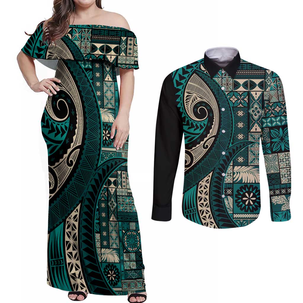 Vintage Samoa Siapo Mamanu Couples Matching Off Shoulder Maxi Dress and Long Sleeve Button Shirt Teal Samoan Tapa Motif LT9 Teal - Polynesian Pride