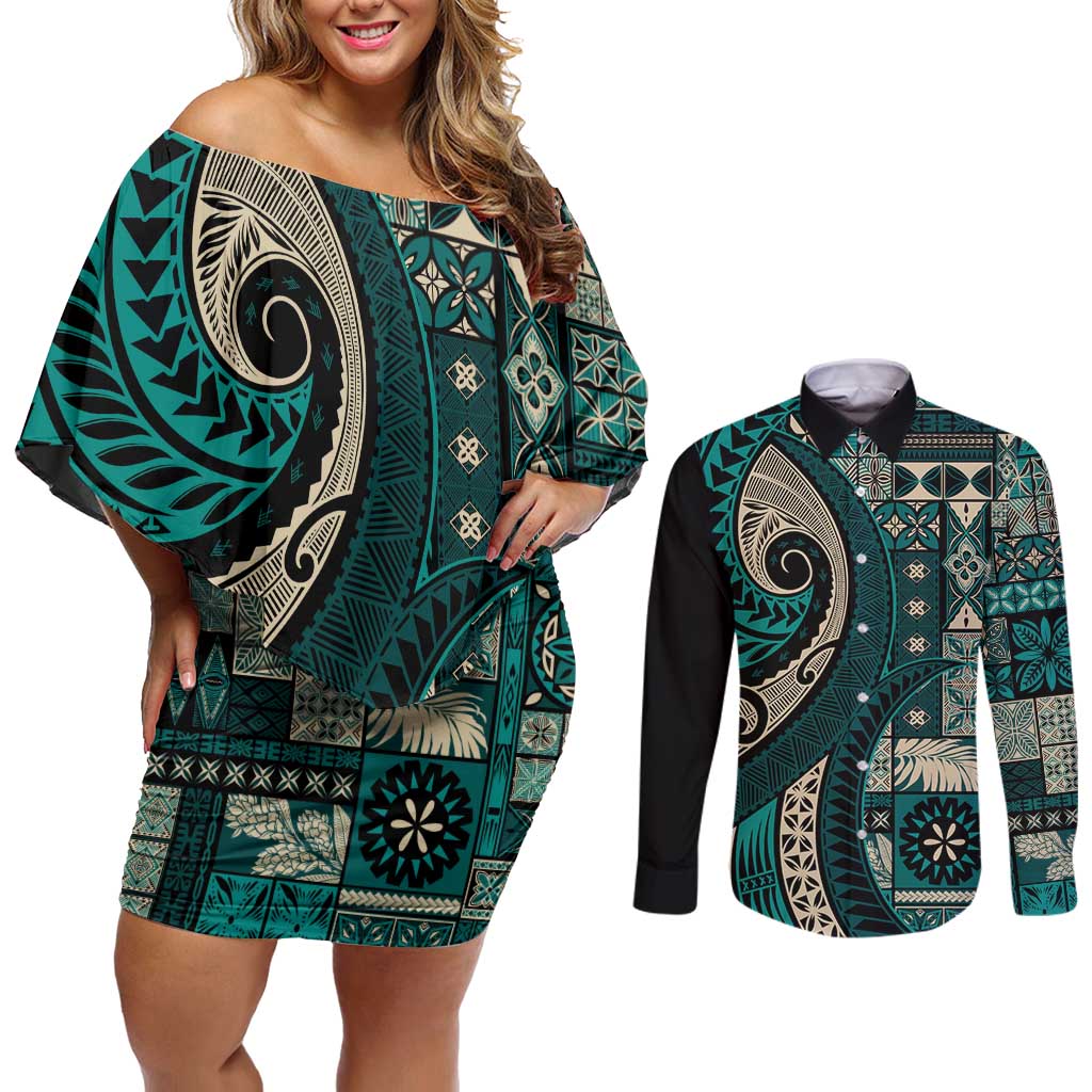 Vintage Samoa Siapo Mamanu Couples Matching Off Shoulder Short Dress and Long Sleeve Button Shirt Teal Samoan Tapa Motif LT9 Teal - Polynesian Pride