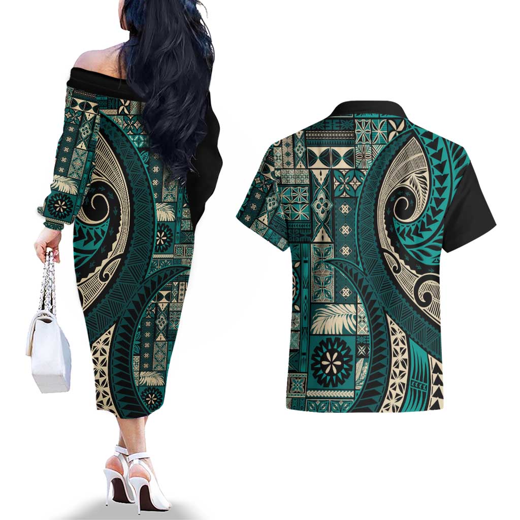 Vintage Samoa Siapo Mamanu Couples Matching Off The Shoulder Long Sleeve Dress and Hawaiian Shirt Teal Samoan Tapa Motif - Polynesian Pride