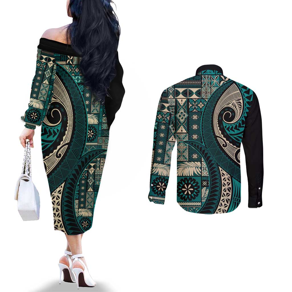 Vintage Samoa Siapo Mamanu Couples Matching Off The Shoulder Long Sleeve Dress and Long Sleeve Button Shirt Teal Samoan Tapa Motif - Polynesian Pride
