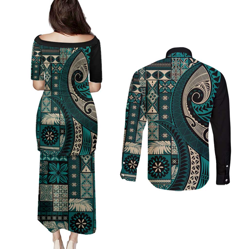 Vintage Samoa Siapo Mamanu Couples Matching Puletasi and Long Sleeve Button Shirt Teal Samoan Tapa Motif LT9 - Polynesian Pride