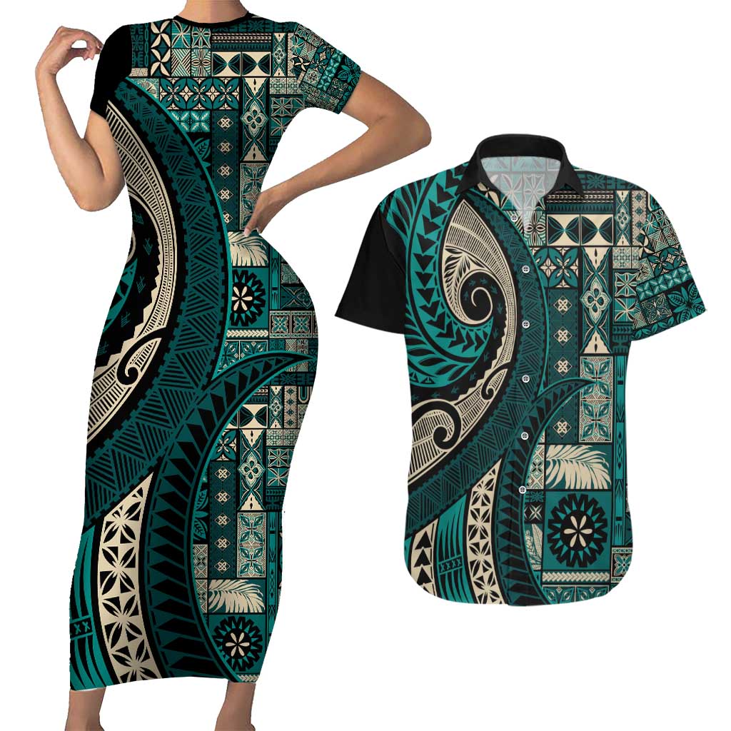 Vintage Samoa Siapo Mamanu Couples Matching Short Sleeve Bodycon Dress and Hawaiian Shirt Teal Samoan Tapa Motif LT9 Teal - Polynesian Pride