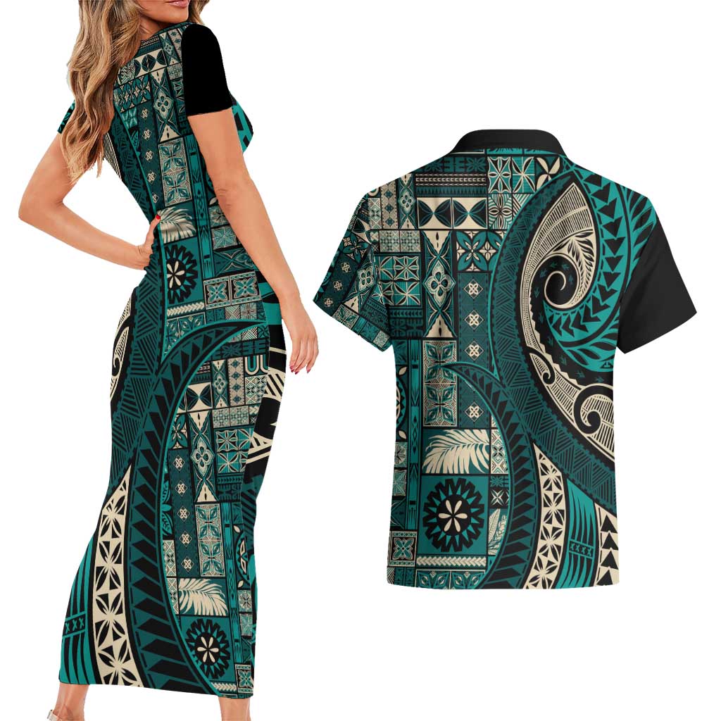 Vintage Samoa Siapo Mamanu Couples Matching Short Sleeve Bodycon Dress and Hawaiian Shirt Teal Samoan Tapa Motif - Polynesian Pride
