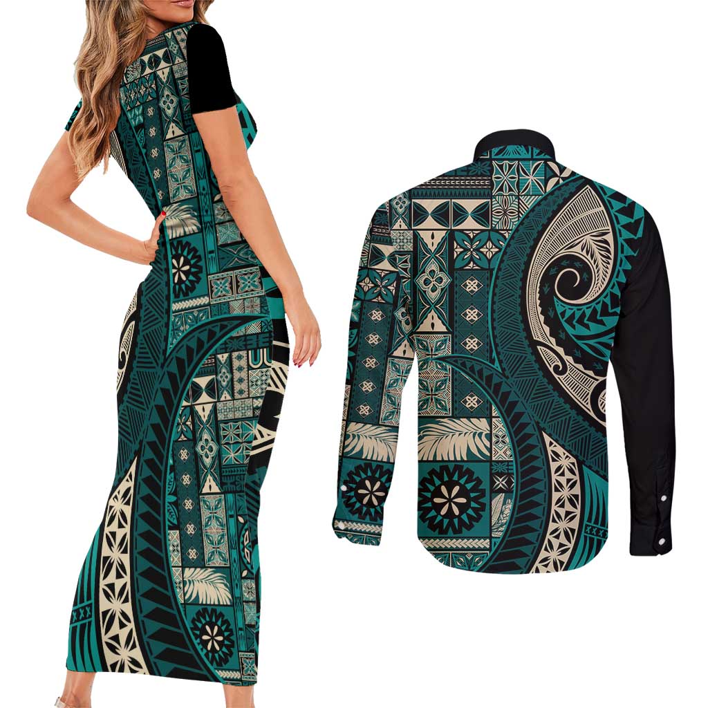 Vintage Samoa Siapo Mamanu Couples Matching Short Sleeve Bodycon Dress and Long Sleeve Button Shirt Teal Samoan Tapa Motif - Polynesian Pride