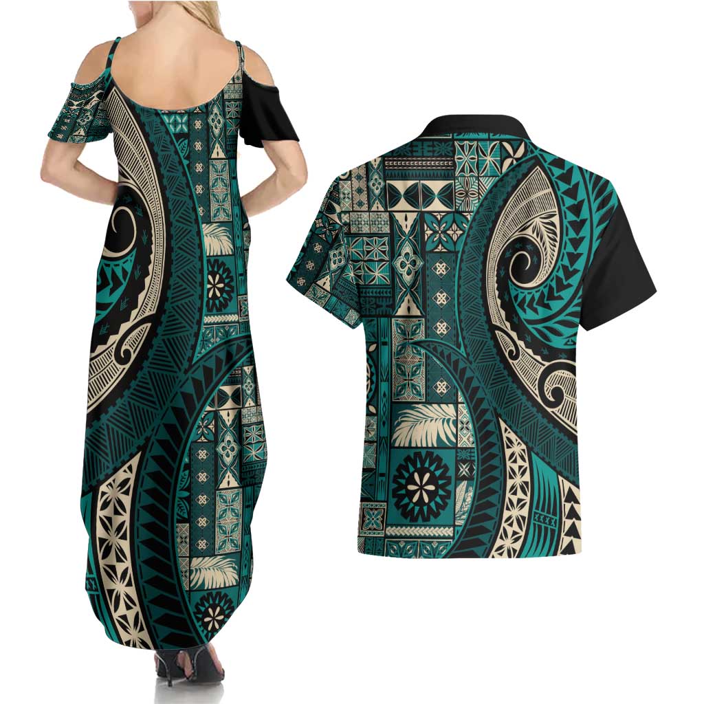 Vintage Samoa Siapo Mamanu Couples Matching Summer Maxi Dress and Hawaiian Shirt Teal Samoan Tapa Motif - Polynesian Pride