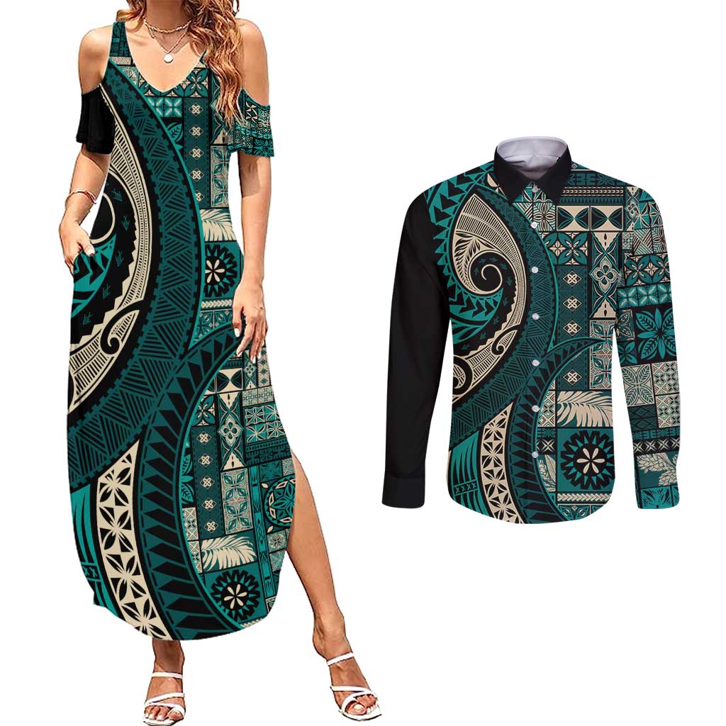 Vintage Samoa Siapo Mamanu Couples Matching Summer Maxi Dress and Long Sleeve Button Shirt Teal Samoan Tapa Motif LT9 Teal - Polynesian Pride