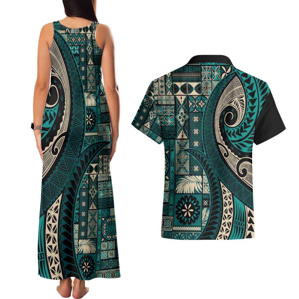Vintage Samoa Siapo Mamanu Couples Matching Tank Maxi Dress and Hawaiian Shirt Teal Samoan Tapa Motif - Polynesian Pride