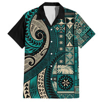 Vintage Samoa Siapo Mamanu Family Matching Long Sleeve Bodycon Dress and Hawaiian Shirt Teal Samoan Tapa Motif - Polynesian Pride