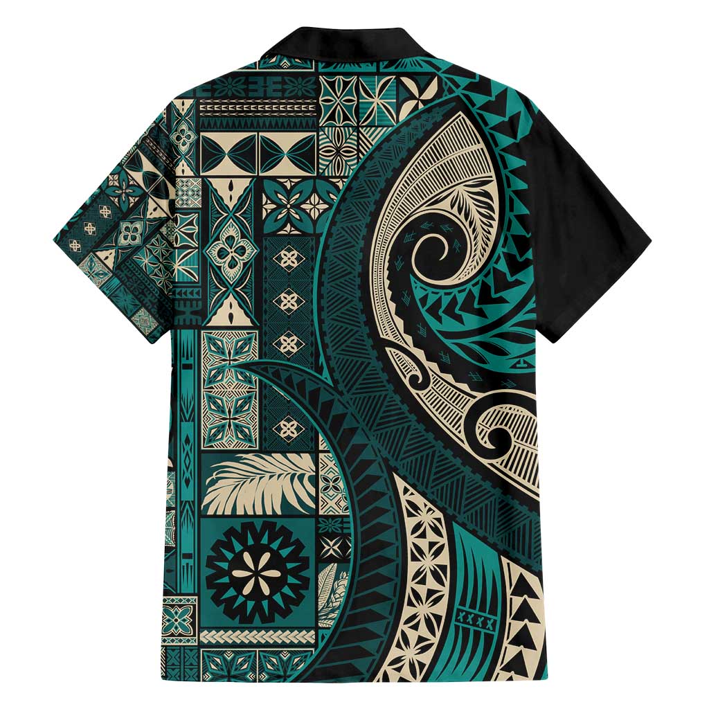 Vintage Samoa Siapo Mamanu Family Matching Long Sleeve Bodycon Dress and Hawaiian Shirt Teal Samoan Tapa Motif - Polynesian Pride