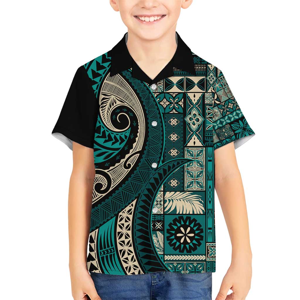 Vintage Samoa Siapo Mamanu Family Matching Long Sleeve Bodycon Dress and Hawaiian Shirt Teal Samoan Tapa Motif - Polynesian Pride