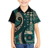 Vintage Samoa Siapo Mamanu Family Matching Long Sleeve Bodycon Dress and Hawaiian Shirt Teal Samoan Tapa Motif - Polynesian Pride