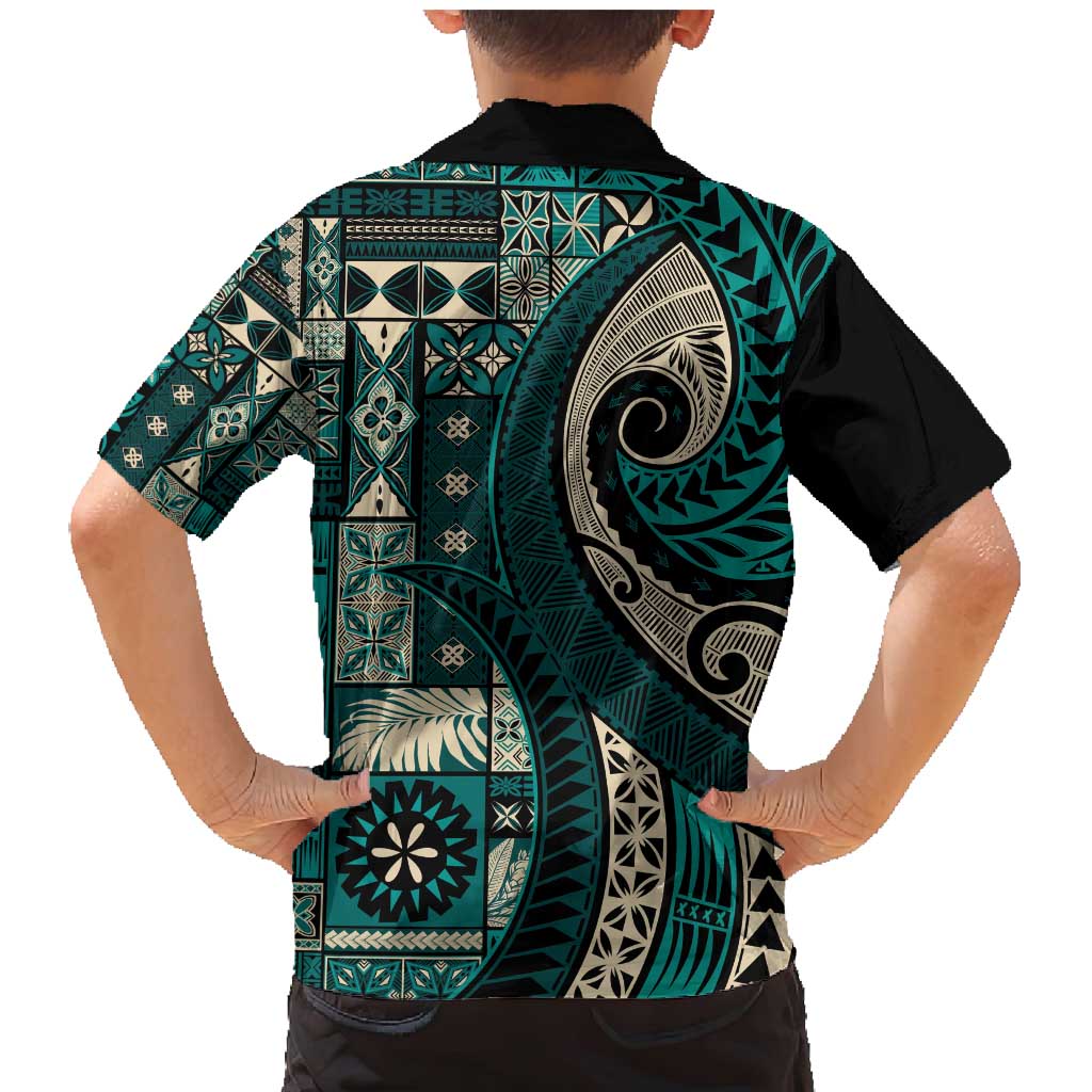 Vintage Samoa Siapo Mamanu Family Matching Mermaid Dress and Hawaiian Shirt Teal Samoan Tapa Motif - Polynesian Pride
