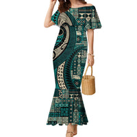 Vintage Samoa Siapo Mamanu Family Matching Mermaid Dress and Hawaiian Shirt Teal Samoan Tapa Motif - Polynesian Pride