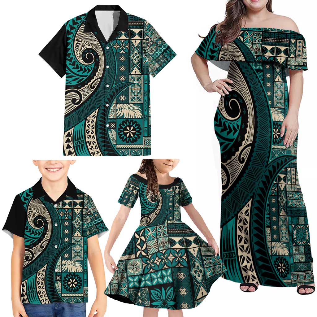Vintage Samoa Siapo Mamanu Family Matching Off Shoulder Maxi Dress and Hawaiian Shirt Teal Samoan Tapa Motif - Polynesian Pride