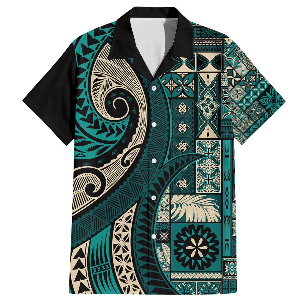 Vintage Samoa Siapo Mamanu Family Matching Off Shoulder Maxi Dress and Hawaiian Shirt Teal Samoan Tapa Motif - Polynesian Pride