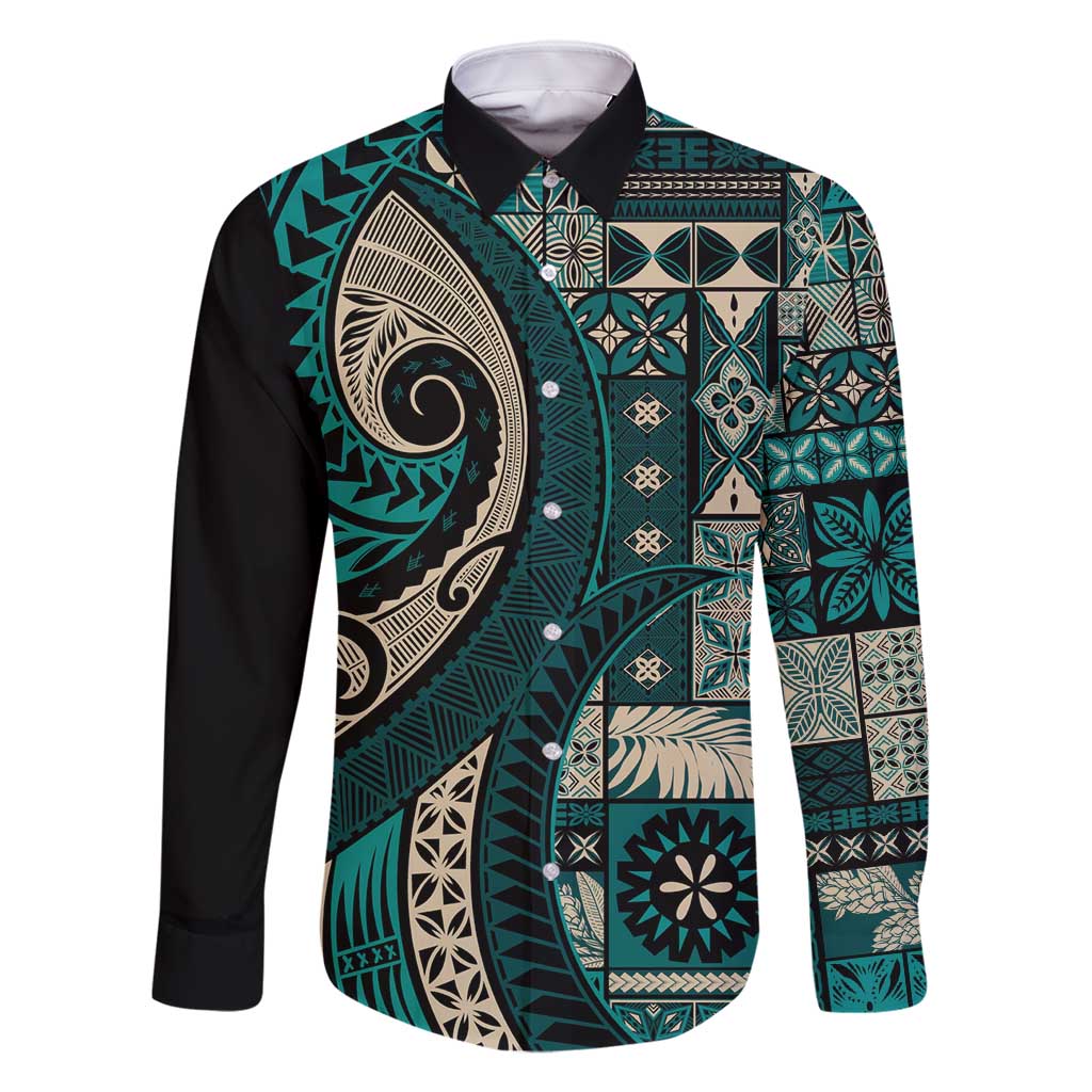 Vintage Samoa Siapo Mamanu Family Matching Off Shoulder Short Dress and Hawaiian Shirt Teal Samoan Tapa Motif - Polynesian Pride