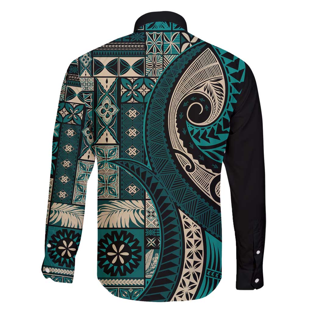 Vintage Samoa Siapo Mamanu Family Matching Off Shoulder Short Dress and Hawaiian Shirt Teal Samoan Tapa Motif - Polynesian Pride