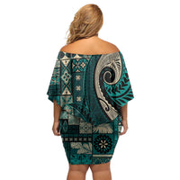 Vintage Samoa Siapo Mamanu Family Matching Off Shoulder Short Dress and Hawaiian Shirt Teal Samoan Tapa Motif - Polynesian Pride