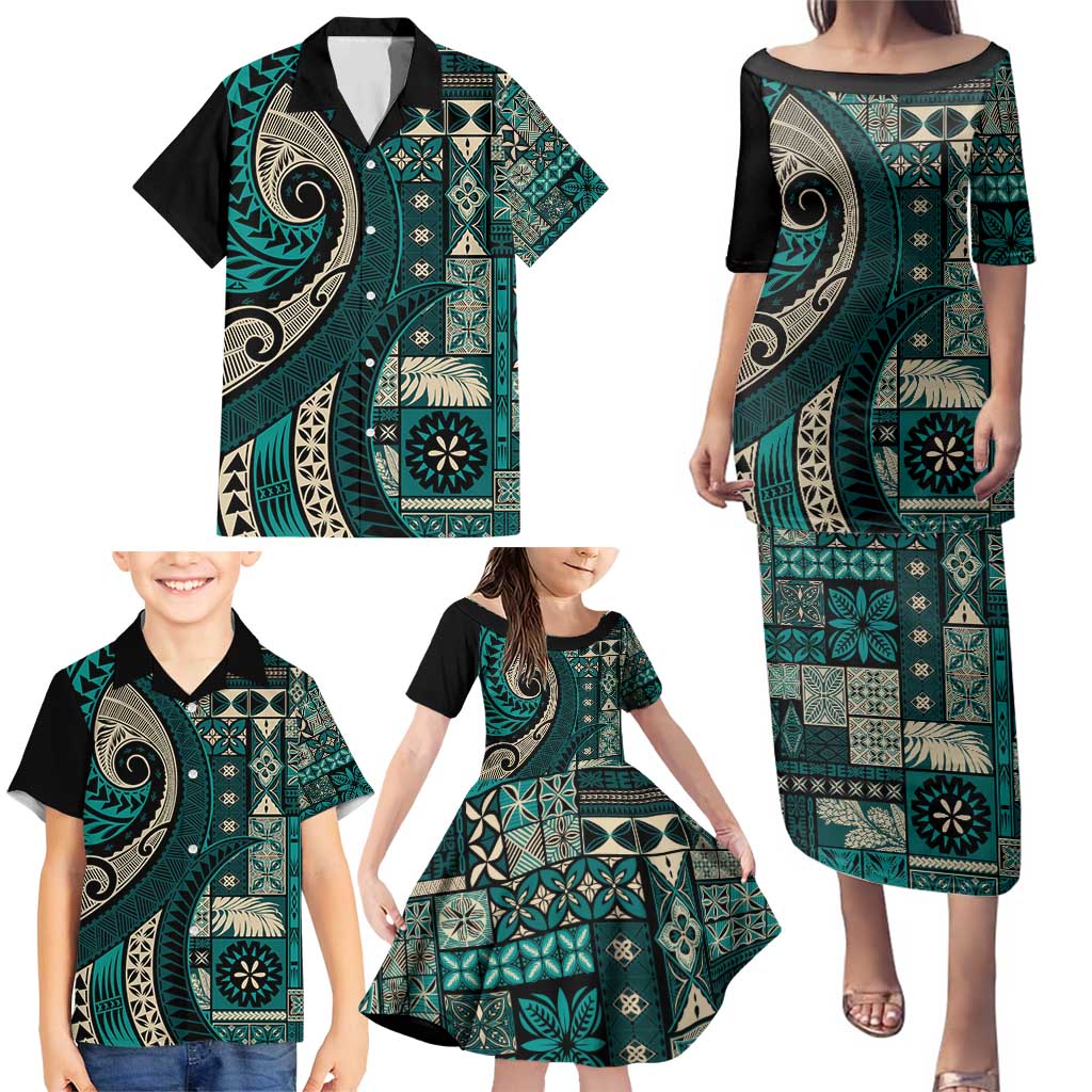 Vintage Samoa Siapo Mamanu Family Matching Puletasi and Hawaiian Shirt Teal Samoan Tapa Motif - Polynesian Pride