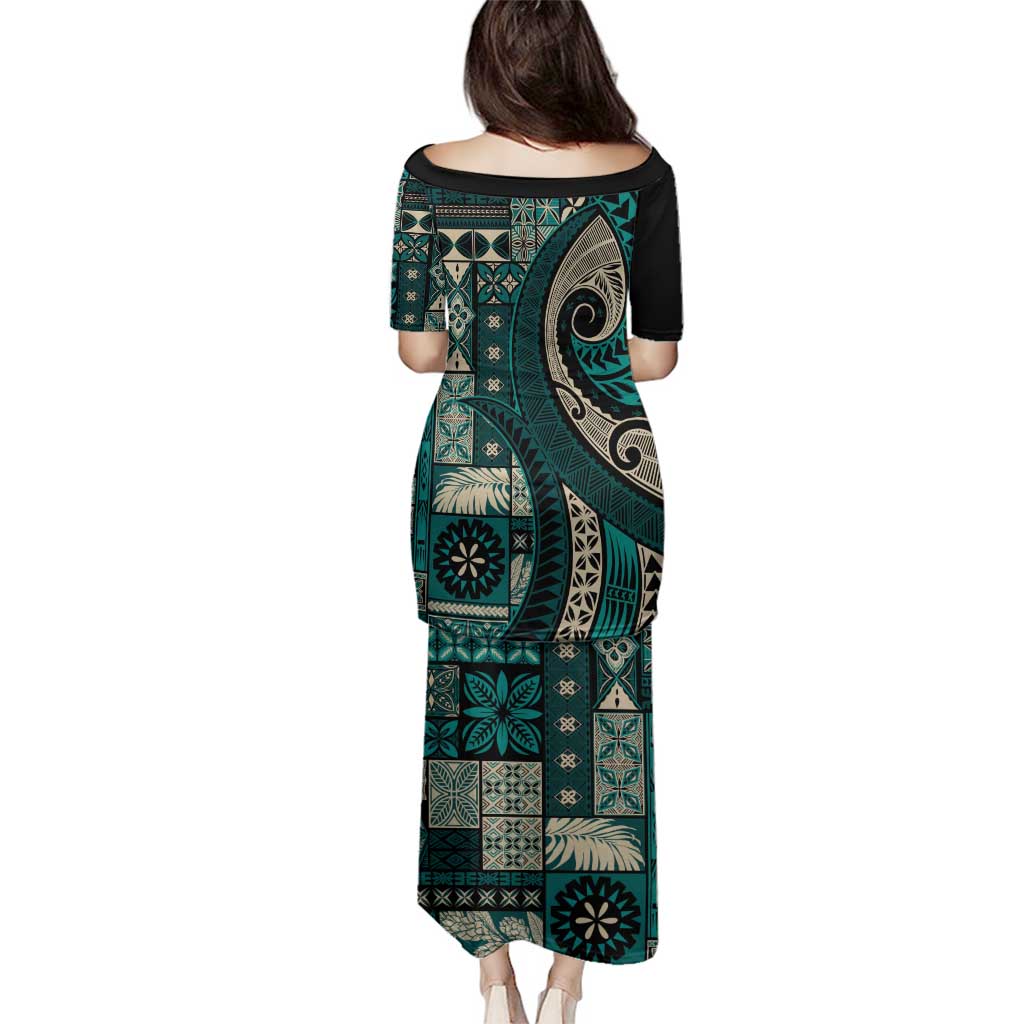 Vintage Samoa Siapo Mamanu Family Matching Puletasi and Hawaiian Shirt Teal Samoan Tapa Motif - Polynesian Pride