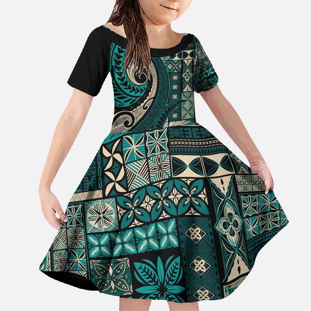 Vintage Samoa Siapo Mamanu Family Matching Short Sleeve Bodycon Dress and Hawaiian Shirt Teal Samoan Tapa Motif - Polynesian Pride