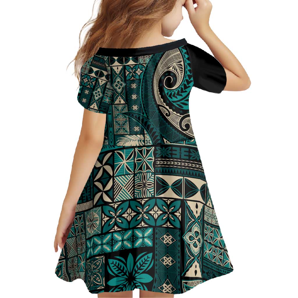 Vintage Samoa Siapo Mamanu Family Matching Short Sleeve Bodycon Dress and Hawaiian Shirt Teal Samoan Tapa Motif - Polynesian Pride
