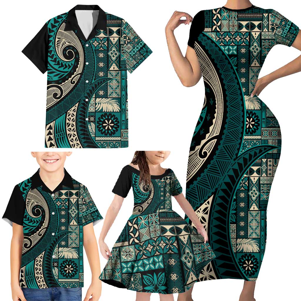 Vintage Samoa Siapo Mamanu Family Matching Short Sleeve Bodycon Dress and Hawaiian Shirt Teal Samoan Tapa Motif - Polynesian Pride