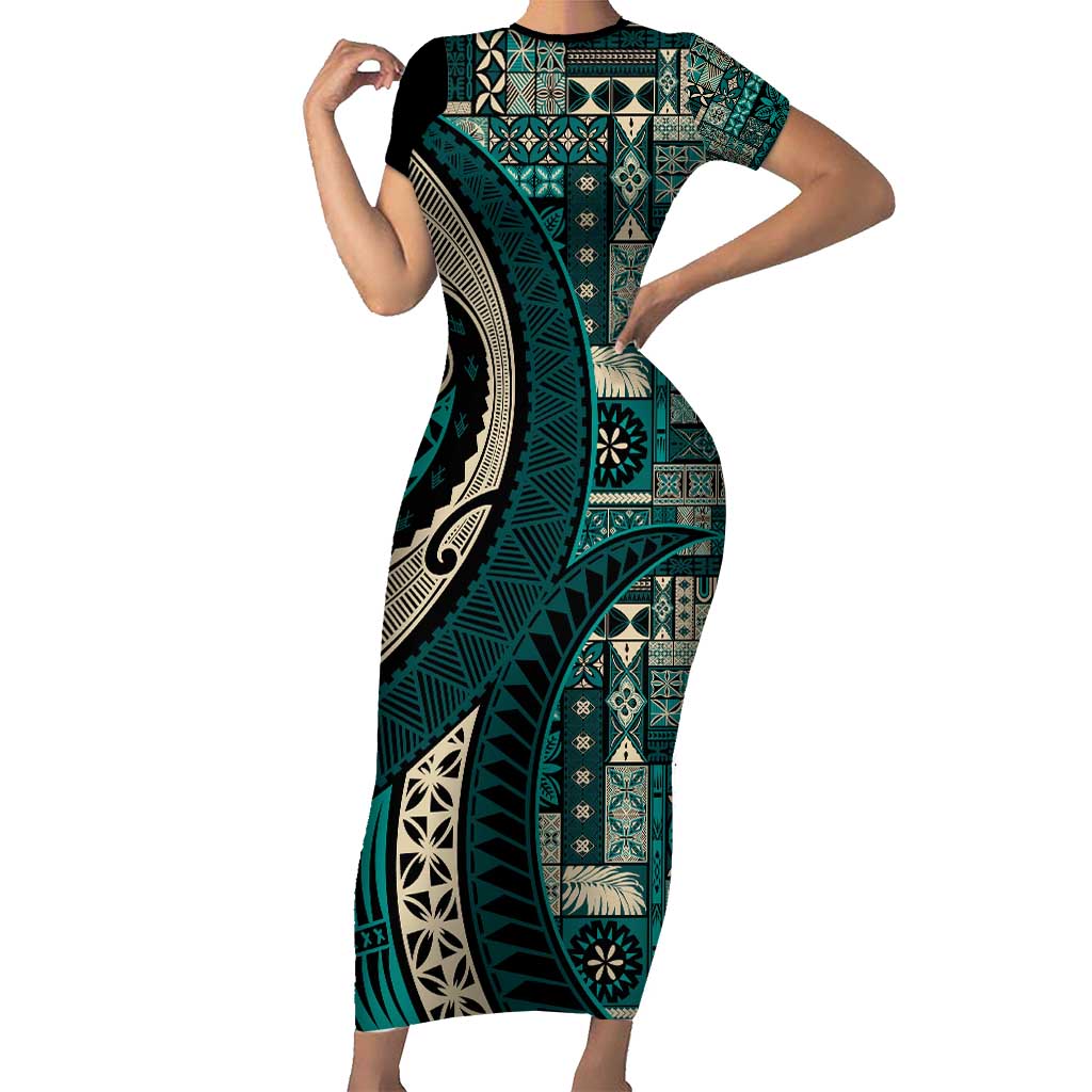 Vintage Samoa Siapo Mamanu Family Matching Short Sleeve Bodycon Dress and Hawaiian Shirt Teal Samoan Tapa Motif - Polynesian Pride