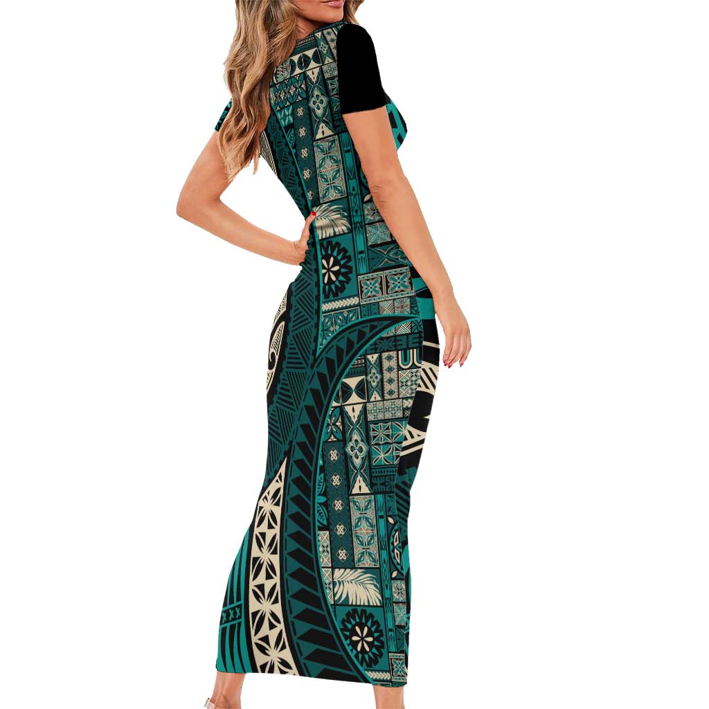 Vintage Samoa Siapo Mamanu Family Matching Short Sleeve Bodycon Dress and Hawaiian Shirt Teal Samoan Tapa Motif - Polynesian Pride