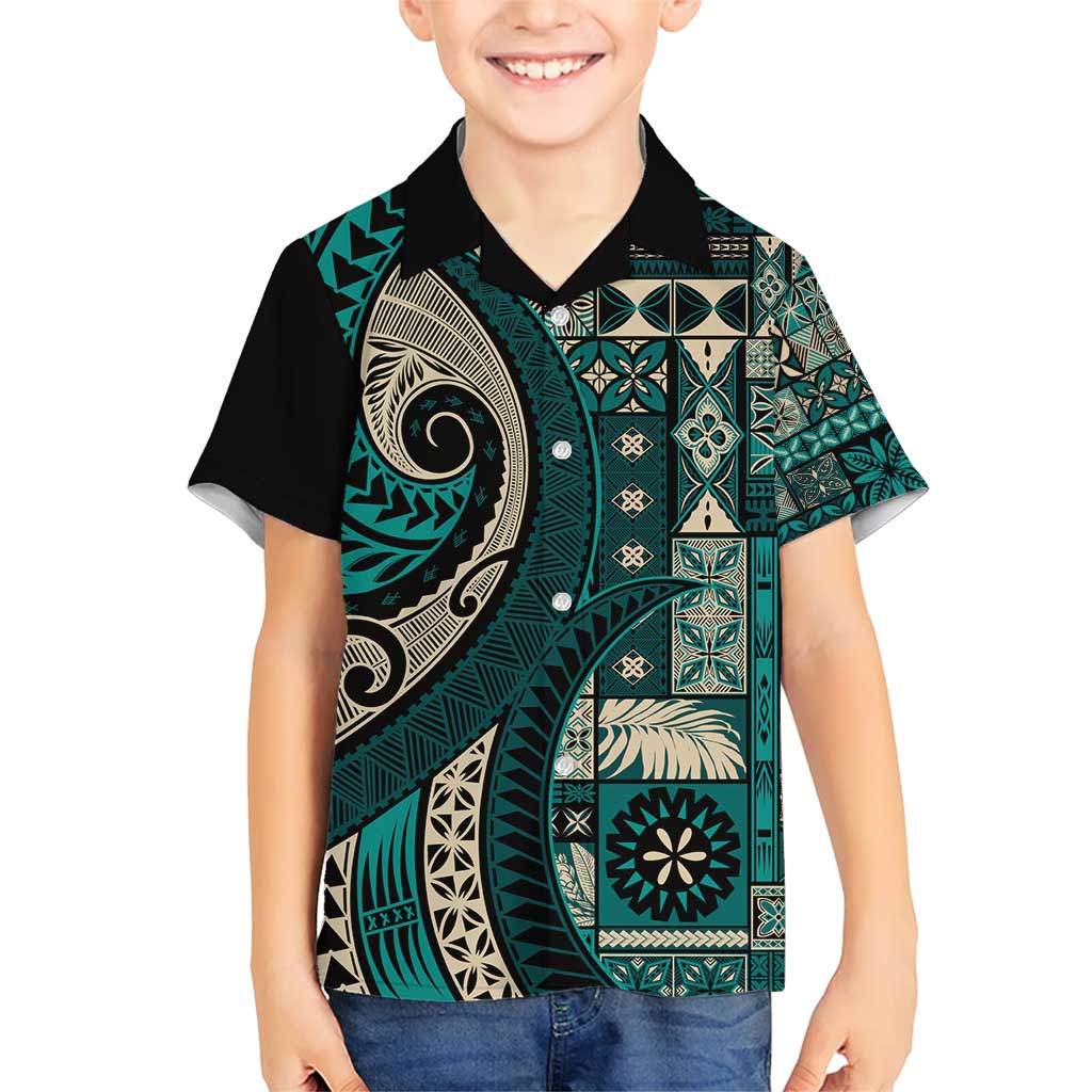 Vintage Samoa Siapo Mamanu Family Matching Short Sleeve Bodycon Dress and Hawaiian Shirt Teal Samoan Tapa Motif - Polynesian Pride