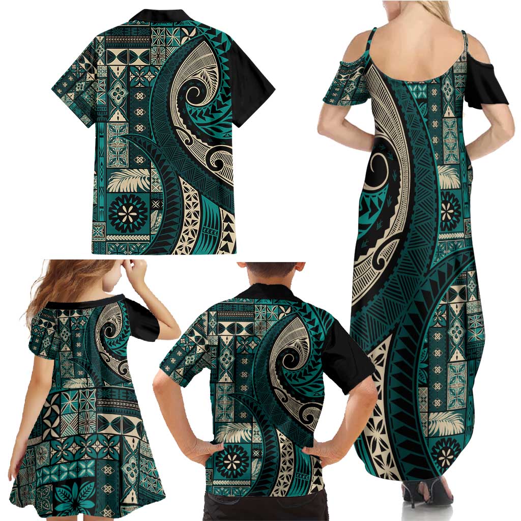 Vintage Samoa Siapo Mamanu Family Matching Summer Maxi Dress and Hawaiian Shirt Teal Samoan Tapa Motif - Polynesian Pride