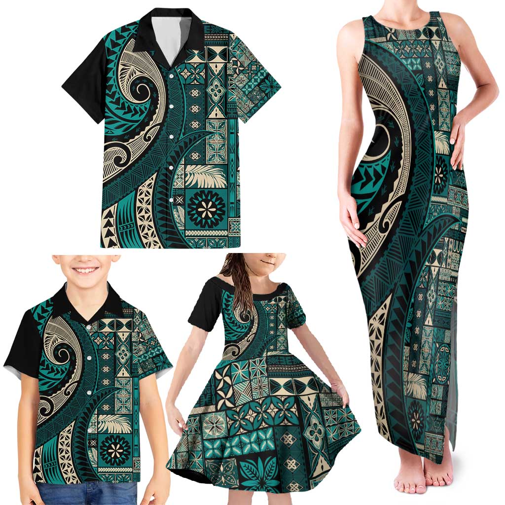 Vintage Samoa Siapo Mamanu Family Matching Tank Maxi Dress and Hawaiian Shirt Teal Samoan Tapa Motif - Polynesian Pride