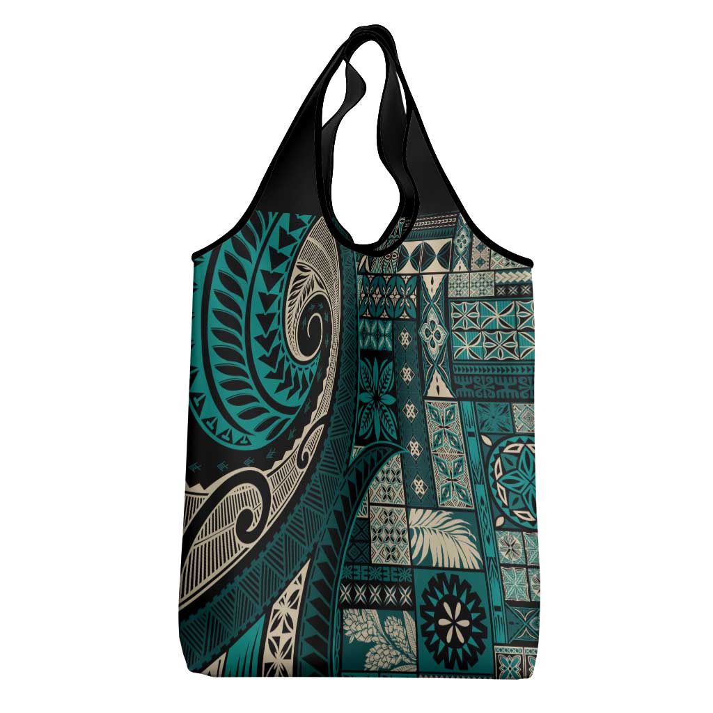 Vintage Samoa Siapo Mamanu Grocery Bag Teal Samoan Tapa Motif LT9 - Polynesian Pride