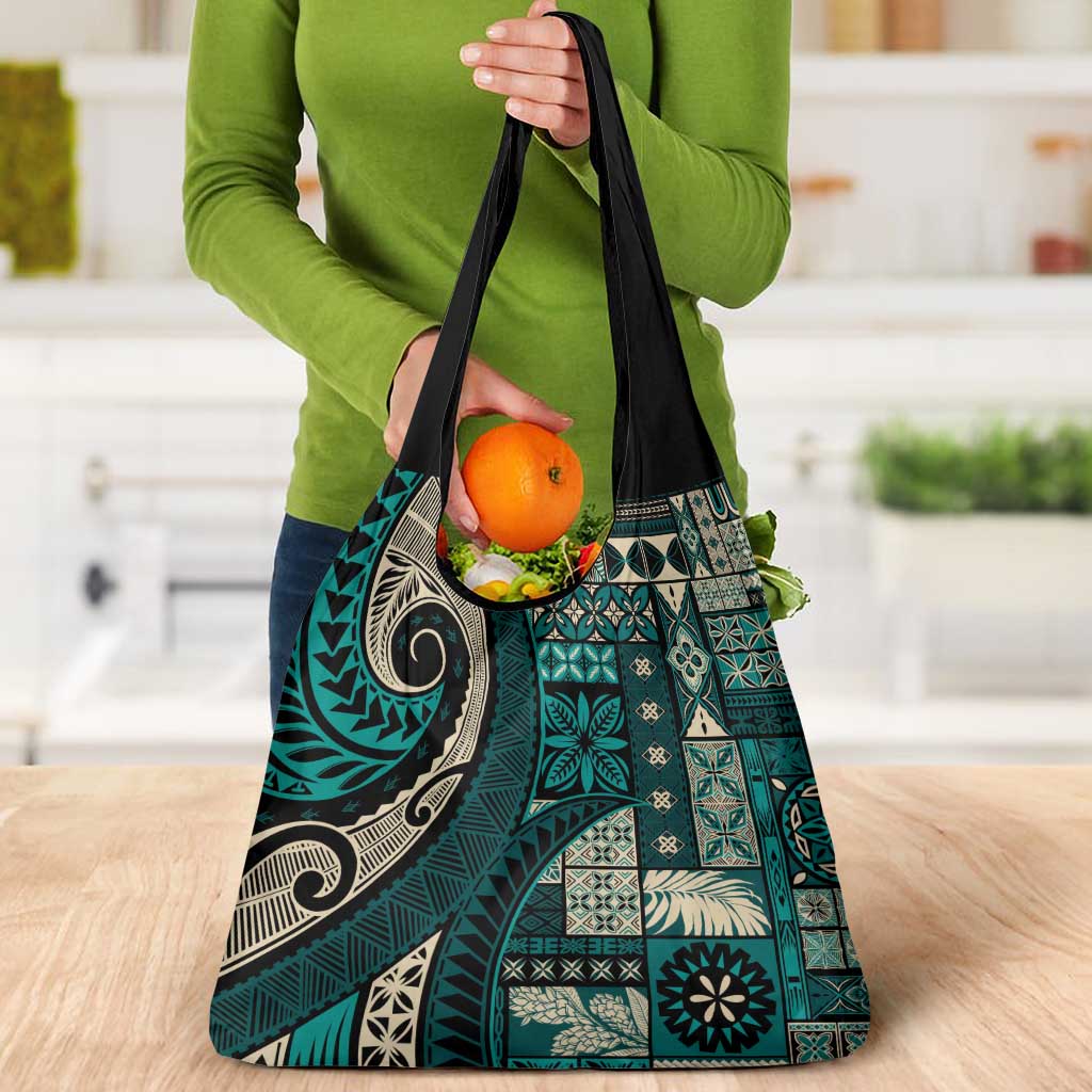 Vintage Samoa Siapo Mamanu Grocery Bag Teal Samoan Tapa Motif LT9 - Polynesian Pride
