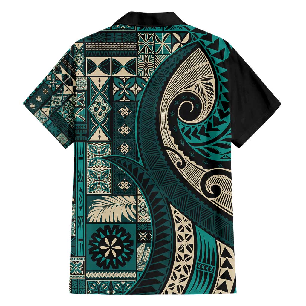 Vintage Samoa Siapo Mamanu Hawaiian Shirt Teal Samoan Tapa Motif LT9 - Polynesian Pride