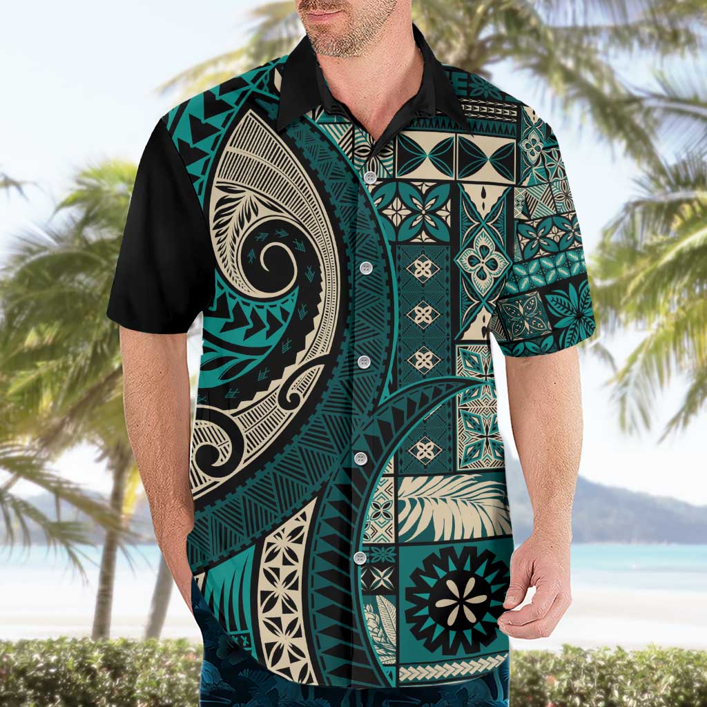 Vintage Samoa Siapo Mamanu Hawaiian Shirt Teal Samoan Tapa Motif LT9 - Polynesian Pride