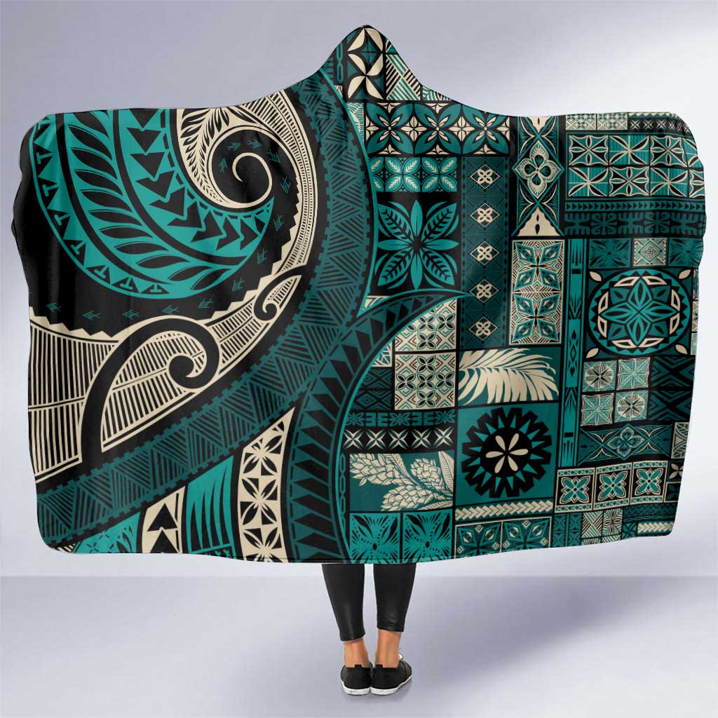 Vintage Samoa Siapo Mamanu Hooded Blanket Teal Samoan Tapa Motif - Polynesian Pride