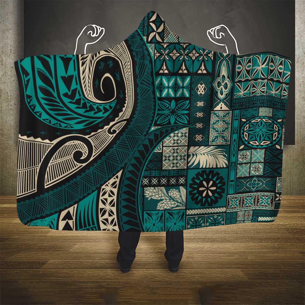 Vintage Samoa Siapo Mamanu Hooded Blanket Teal Samoan Tapa Motif - Polynesian Pride